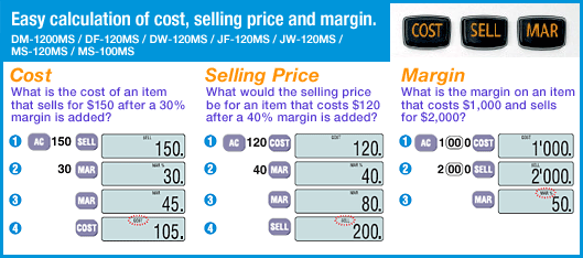 Easy calculation of cost, selling price and margin.